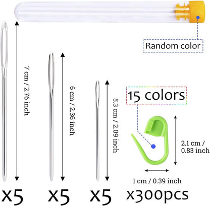 LUNARM 315 Pieces Stitch Markers for Crocheting, Stitch Locking Clip Colorful Knitting Markers Crochet Clips with 15 Pieces Big Eyes Blunt Sewing Needles (2inch/2.3inch/2.7inch)