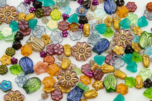 1.4oz (40g) Summer Mix of Small Czech Glass Flower Beads, Hand Made Set Kit, Bell Flower, Tulip, Bud Beads
