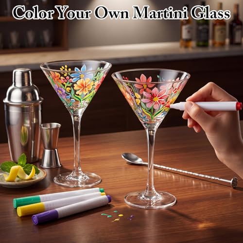 4 Sets Paint Your Own Martini Glasses DIY Kit Personalized Wine Glass Kit with 12 Colors Acrylic 12 Colors Markers Pens Design Your Own Martini Glass for Craft Decoration (4 Count)