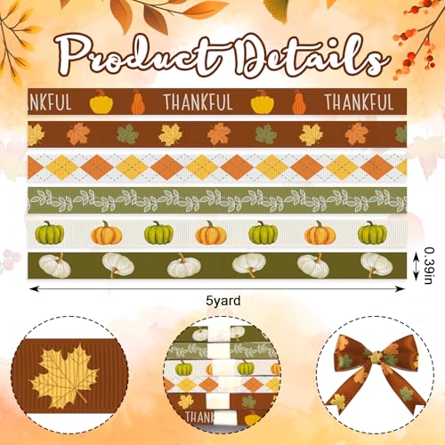 6 Rolls 30 Yards Thanksgiving Fall Ribbons Autumn Harvest Ribbons for Craft Wrapping Orange Pumpkin Maple Leaf Grosgrain Ribbon for Wreath Bows Thanksgiving Party Home Decoration 3