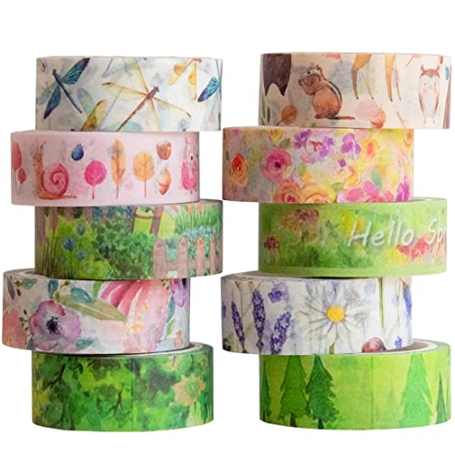 10 Rolls Four Seasons Washi Tape Set Green Grass Flowers Masking Decorative Tapes (10 Count)