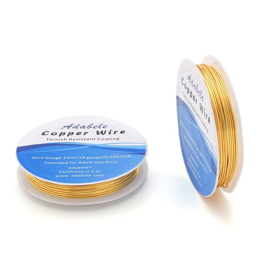 Adabele 32 Feet Premium Tarnish Resistant Round Jewelry Wire Copper Beading Wire Spool Bulk (1mm/18 Gauge) 18K Gold Plated for DIY Craft Jewelry Making BF286-10