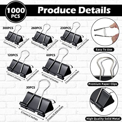 1000 Pcs Binder Clips Bulk Black Metal Clip (1000 Count)