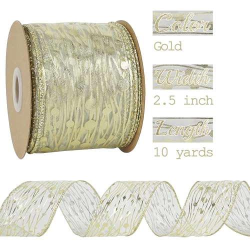 Gold Wired Ribbon 2.5 Inch Sheer Wired Christmas Ribbon with Horizontal Stripes and Polka Dots Christmas Ribbons Organza Wire 25 Yards Organza Sheer Ribbons for Gift Wrapping (75 Foot)