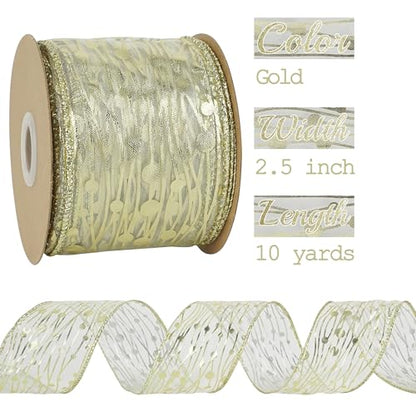 Gold Wired Ribbon 2.5 Inch Sheer Wired Christmas Ribbon with Horizontal Stripes and Polka Dots Christmas Ribbons Organza Wire 25 Yards Organza Sheer Ribbons for Gift Wrapping (75 Foot)
