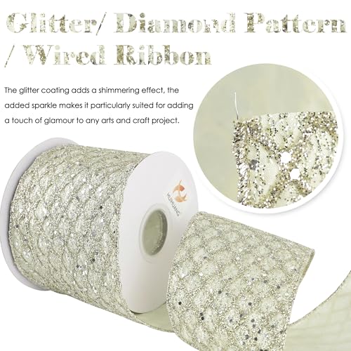 Champagne Glitter Wired Christmas Tree Ribbon 4 inch x 10 Yards (30 Foot)