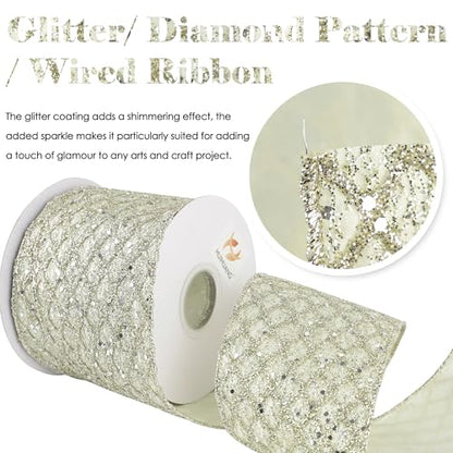 Champagne Glitter Wired Christmas Tree Ribbon 4 inch x 10 Yards (30 Foot)