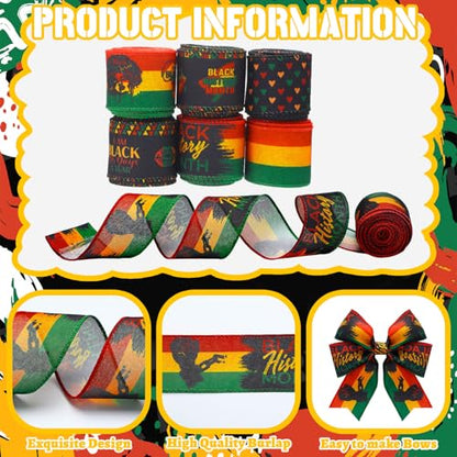 12 Rolls Black History Month Ribbons 2 Inch x 60 Yards Wired Edge Fabric Ribbons Craft Black History Month Themed Pattern Wrapping Crafts for DIY Gift Hair Bows Sewing Wreath 12 Styles (12 Count)