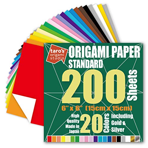 Taro's Origami Studio] Standard 6 Inch One Sided 20 Colors 200 Sheets Square Easy Fold Premium Japanese Paper for Beginner (200 Count)