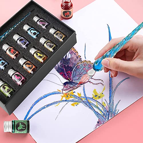 Glass Dipped Pen Ink Set Handmade Crystal Calligraphy Pen with 12 Colorful india ink for Art