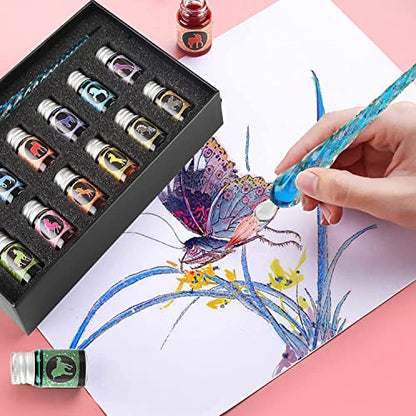 Glass Dipped Pen Ink Set Handmade Crystal Calligraphy Pen with 12 Colorful india ink for Art