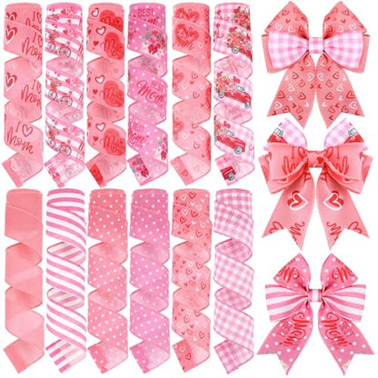 12 Rolls Mother's Day Wired Edge Ribbon for Wreaths 2 Inch x 60 Yards Pink Burlap Stripe Ribbons Happy Mother's Day Love You Mom Floral Decorative for Bow Wreath DIY Craft Gift Wrapping Decor (12 Count)