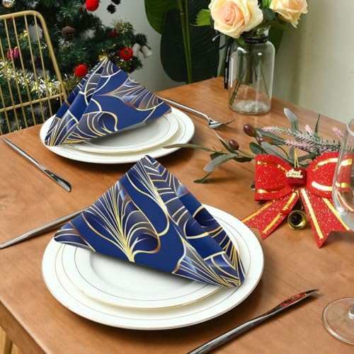 Art Deco Floral Royal Blue & Gold Cloth Napkins Set of 6