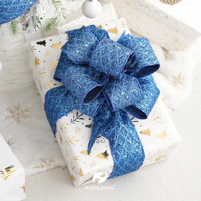 Navy Blue Glitter Wired Christmas Ribbon 4 inch x 10 Yards (30 Foot)