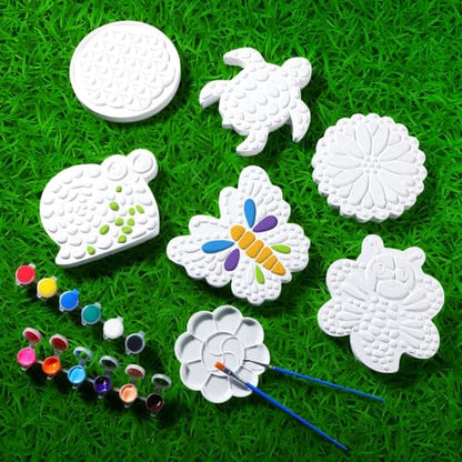 6 Pack Stepping Stone Ceramic Kit for Kids Paint Your Own Plaster Stones Arts and Crafts Handprint Garden and Summer DIY Craft Pottery Outdoor Painting Gifts for Kids Ages 4