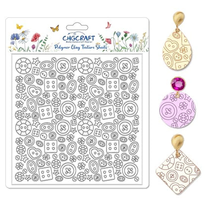 Button Pattern Polymer Clay Texture Sheets Heart Graphic Geometric Silicone Texture Stamp Clay Texture Mat Modeling Pattern Pad Sheets for Jewelry and Earrings Tools