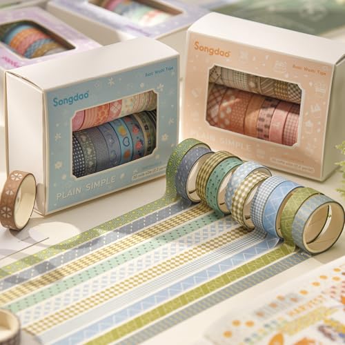 20 Rolls Basic Washi Tape Set Japanese Arts Adhesive Tapes Simple Patterns Decorative Masking Tape Sets for Craft (20 Count)