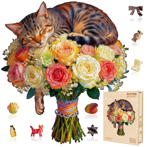 Cat Flower Bouquet Puzzles Adults Gifts Wooden 205 Pieces 13.4 * 12.0in (205 Count)