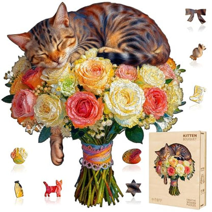 Cat Flower Bouquet Puzzles Adults Gifts Wooden 150 Pieces 11.4 * 10.3in (150 Count)