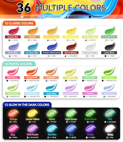 52 PCS Classic & Pastel & Glow in the Dark Acrylic Paint Set