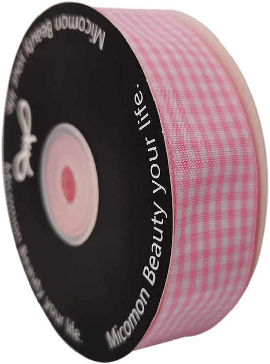 Pink and White Gingham Ribbon - 25 Yards Each Roll - 100% Polyester (1", Pink) - Crafty Corner