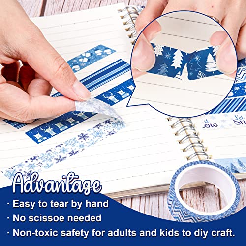 12 Rolls Winter Washi Tape Blue White Snowflake Snowman Holiday Masking Tape Xmas Tree Reindeer Assorted Pattern Washi Tape for Scrapbook Journal DIY Craft Gift Wrapping Party Decor (196.8 Foot )