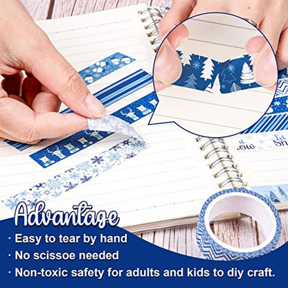 12 Rolls Winter Washi Tape Blue White Snowflake Snowman Holiday Masking Tape Xmas Tree Reindeer Assorted Pattern Washi Tape for Scrapbook Journal DIY Craft Gift Wrapping Party Decor (196.8 Foot )