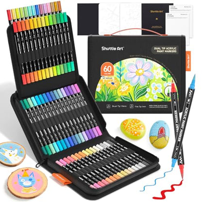 60 Colors Brush & Fine Tip Acrylic Paint Markers (60 Count)