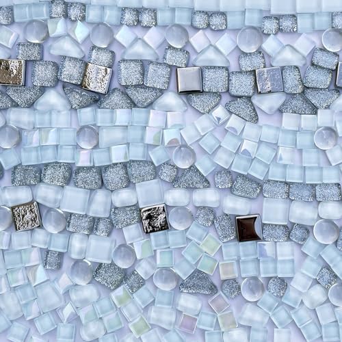 1.1LB Silver White Mixed Irregular Crystal Glass Mosaic Tiles for Crafts (17.6 Ounce)