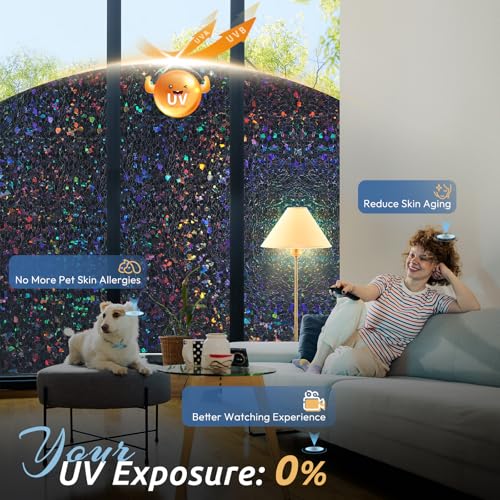 Blackout Rainbow Window Privacy Film Decorative Stained Glass Diamond Pattern Window Sticker with Iridescent Tint Non (9.58 Sq Ft)