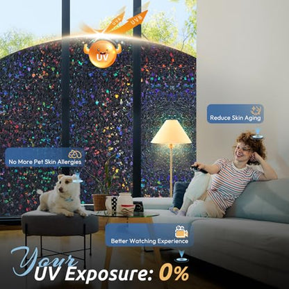 Blackout Rainbow Window Privacy Film Decorative Stained Glass Diamond Pattern Window Sticker with Iridescent Tint Non (9.58 Sq Ft)