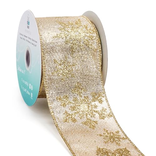 Champagne Gold Metallic Fabric with Gold Snowflake Wired Ribbon 2.5 Inch x 10 Yards for Christmas Home Decor Tree Topper Bow Gift Wrapping DIY Crafts Wreath Garland (30 Foot)