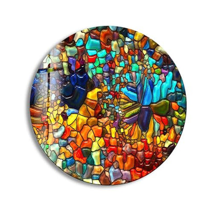 31.5''(80cm) Diameter Red Mosaic Round Glass Wall Art Tempered Glass Printing Wall Decor Large Wall Art Wall Hangings