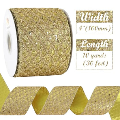 Gold Glitter Diamond Wired Christmas Ribbon 4 inch x 10 Yards (30 Foot)