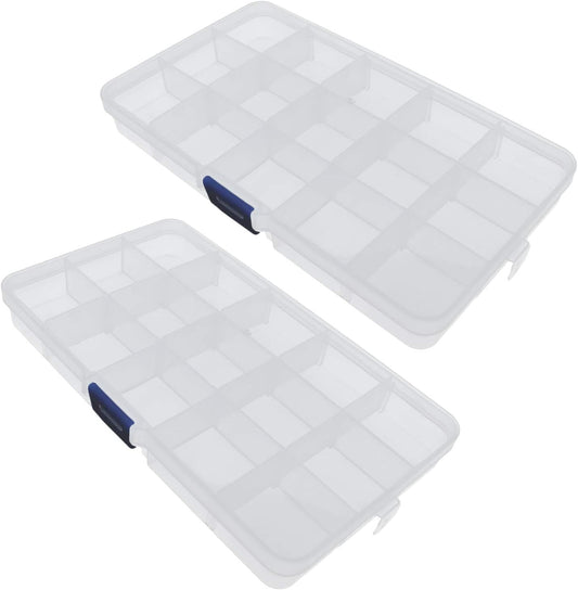 Xiaoyztan Clear Plastic Organizer, 15 Small Grids with Adjustable Dividers, Jewelry Box Bead Storage Container for Small Parts, Fishing Tackle, DIY Crafts, and Earrings, 2Pcs