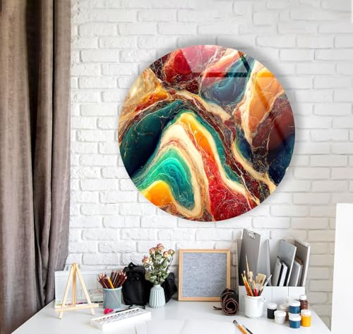 15.8''(40cm) Diameter Colorful Marble Swirl Round Wall Art Abstract Glass Decor with Earthy Tones & Gemstone Texture