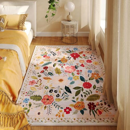 Area Rug 4x6 Rug Washable Boho Rugs Non Slip Low Pile Floral Small Carpet for Bedroom
