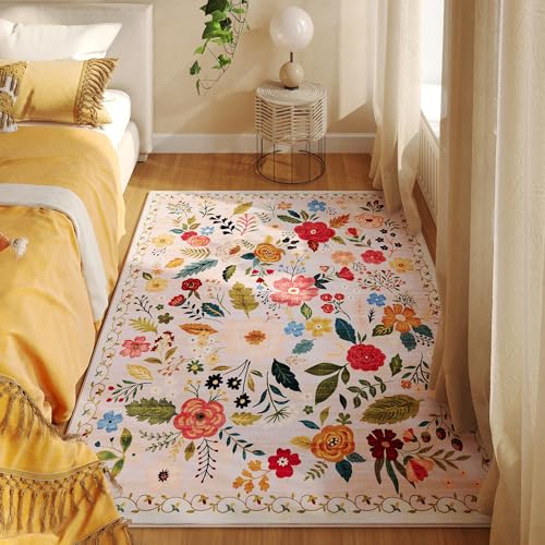 Bedroom Rug 3x5 Rug Washable Area Rug Non Slip Low Pile Boho Floral Small Carpet for Bedroom