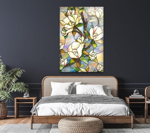 Round 24'' Stained Magnolia Glass Wall Art Tempered Glass Printing Wall Decor Large Wall Art Wall Hangings