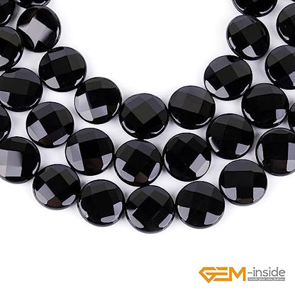 GEM Inside Facted Black Agate Gemstone Loose Beads Coin 20mm Crystal Energy Stone Power for Jewelry Making 15"