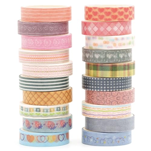 20 Rolls Basic Washi Tape Set Japanese Arts Adhesive Tapes Simple Patterns Decorative Masking Tape Sets for Craft (20 Count)