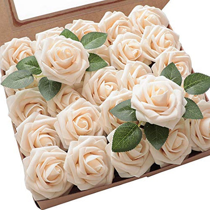 Artificial Flowers 50pcs Real Looking Cream Foam Fake Roses with Stems for DIY Wedding Bouquets Bridal Shower Centerpieces Floral Arrangements Party Tables Home Decorations (50 Count)