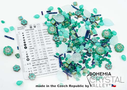 2.1oz (60 g) Mix of Unique Czech Bohemia Glass Pressed Beads, Rocailles, Opaque Turquoise Green Copper Crystal Silver, Matte and Glossy, Hand Made BCV (2.1164 Ounce)