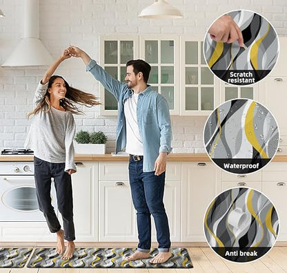 Kitchen Mats for Floor Modern Abstract kitchen rugs Grey and Yellow Stripe Anti Fatigue Kitchen Mats Waterproof Floor Mats Cushioned Non