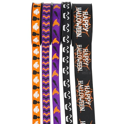 3 8 inch 1 inch Halloween Ribbon Set Spooky October Ribbon Assortment 5 Rolls 10 Yards Halloween Crafts (30 Foot)