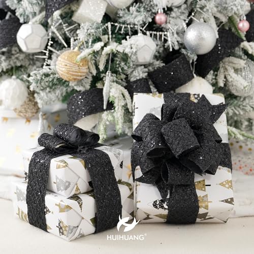 Black Glitter Diamond Wired Christmas Ribbon 4 inch x 10 Yards (30 Foot)
