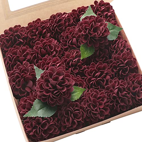 Artificial Dahlia Flowers 25pcs Real Looking Burgundy Foam Fake Roses with Stems for DIY Wedding Bouquets Dark Red Bridal Shower Centerpieces Floral Arrangements Party Tables Home Decoration (25 Count)