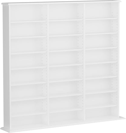 Prepac 3 Column 51" Tall White Display Multimedia Cabinet, Wood Media Storage with Removable Sheves, Modern Multimedia Storage Unit with 21 Adjustable Shelves for Books, DVDs and Collectibles, White