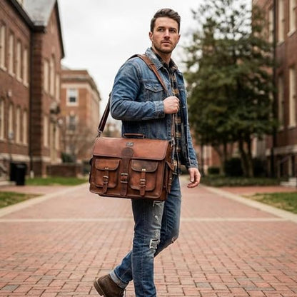 DHK 14 Inch Vintage Handmade Leather Messenger Bag for Laptop Briefcase Best Computer Satchel Distressed Bag