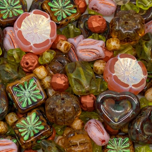 1.4oz (40g) Limited Mix of Czech Glass Beads, Hand Made Set Kit, Green Star Beads Pink Table Cut Hawaii Flower Beads